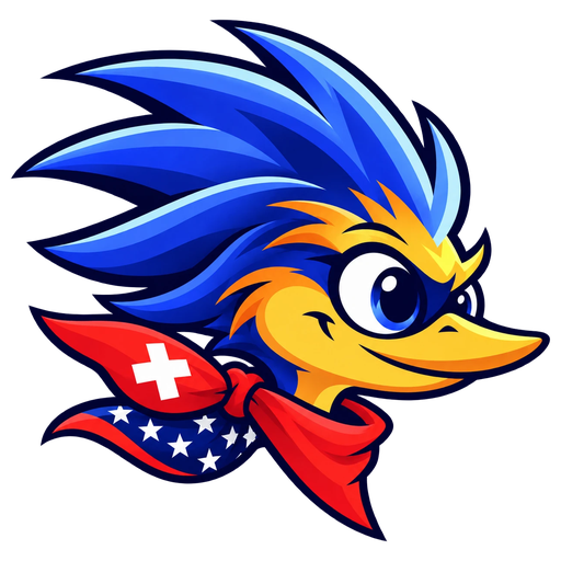 Mascotte BackTax : oiseau bleu à bec jaune, foulard rouge à croix suisse et étoiles américaines