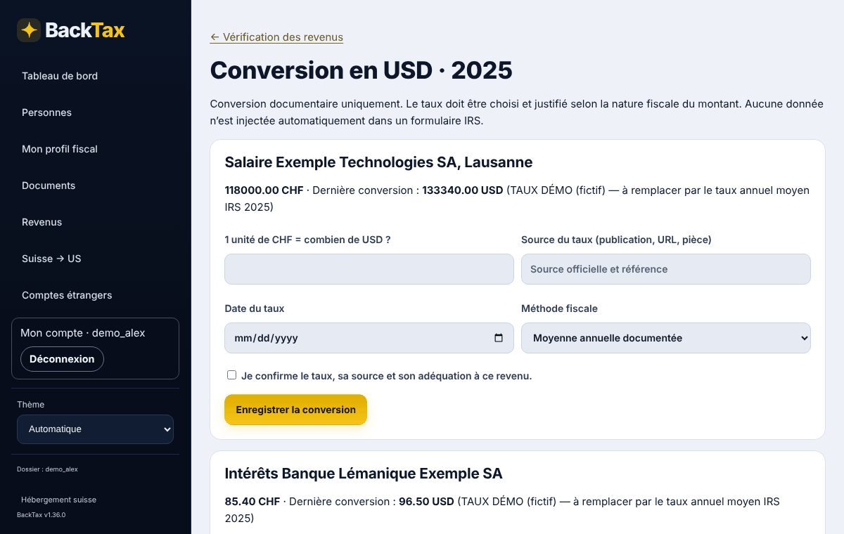 Exemple fictif — 4. Conversion USD