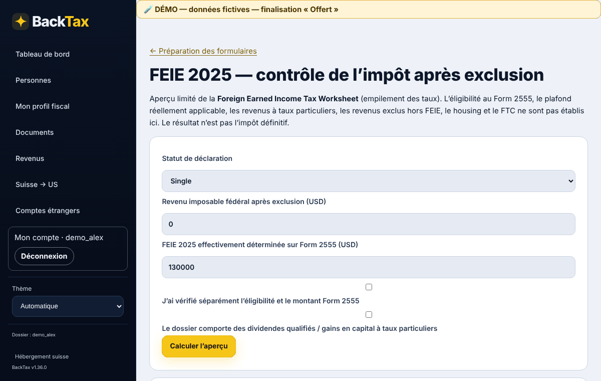 Exemple fictif — 5. FEIE et FTC